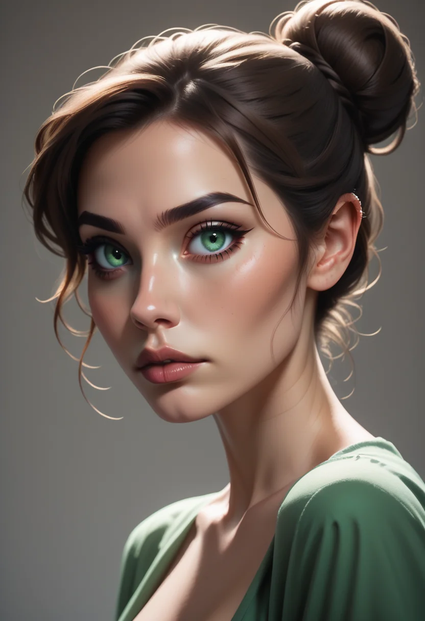 score_9, score_8_up, score_7_up, 1girl, solo, d4rk_luc14n4, green eyes, brown hair, single hair bun, <lora:Dark_Luciana_Pony_v0.1:0.5>