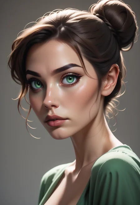 score_9, score_8_up, score_7_up, 1girl, solo, d4rk_luc14n4, green eyes, brown hair, single hair bun, <lora:Dark_Luciana_Pony_v0.1:0.5>