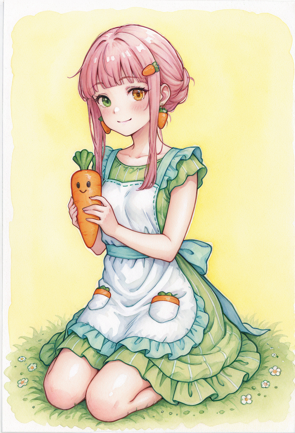 masterpiece, best quality, amazing quality, very aesthetic, high resolution, detailed face, detailed eyes, intricate details, 1girl, solo, small breasts, pink hair, short hair, hime cut, shaved nape, (two long locks in front on face), Heterochromia, (blue and yellow eyes), whimsical carrot-themed dress with orange and green accents, leafy ruffles, cute apron with tiny carrot patterns, holding soft adorable carrot plushie with a happy face, cheerful expression, spring picnic setting with blooming flowers and a sunny sky, warm soft lighting, vibrant colors, highly detailed, adorable and playful atmosphere, full-body view, full body, cute accessories like carrot-shaped earrings and a leafy hairpin, traditional media, watercolor (medium), painting (medium), <lora:boobandpoopa_il:0.5>