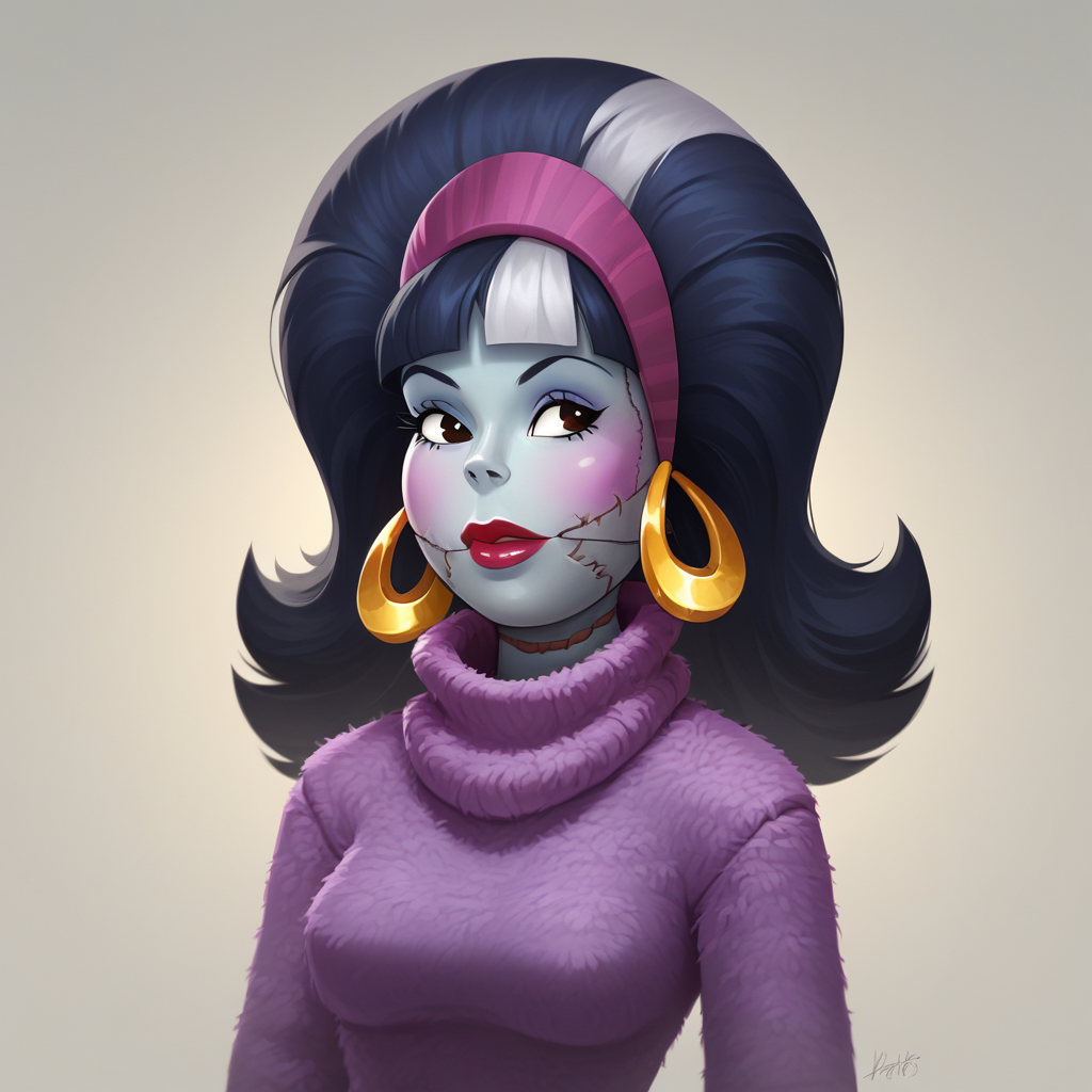 score_8_up, BREAK,  EUNICESTEIN, no humans, solo, long hair, colored skin, stitches, headband, earrings, sweater, portrait,  <lora:EuniceStein_PXL_Leaf1:1>, arms at sides,