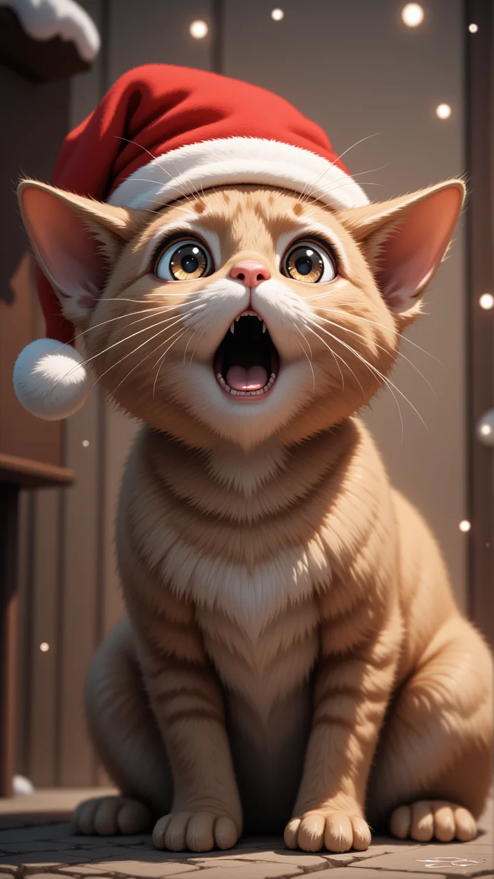 a surprised cat with a santa hat, in the style of Jed4ni, <lora:ILPonyMix:1>