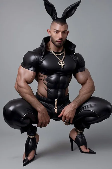 Gay Caucasian man, masculine, hairy, dark colour rubber, tight tracksuit, high stiletto heels, chains,  tiny man, hold a gay flag, splitting legs, bunny ears