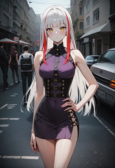 score_9, score_8_up, score_7_up, score_6_up, score_5_up, source_anime, 1girl, animeirl, standing, posing, hand on waist, long hair, white hair, red highlights, hime cut, bright yellow eyes, medium breasts, slim, small waist, pale skin, blush, purple dress, street, city, summer