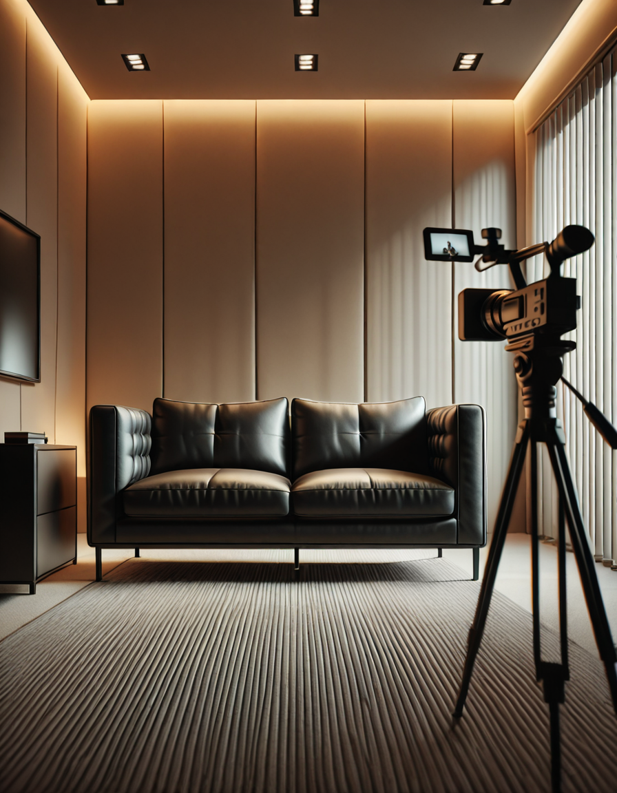 A high-quality, realistic photograph of a modern casting office interior featuring a simple black leather couch positioned against a plain white wall. The couch is sleek, clean, and minimalist in design, with smooth cushions and subtle stitching details. In front of the couch is a small, low wooden coffee table with a few neatly stacked magazines and a glass of water. To the side, there's a professional camera on a tripod aimed at the couch, with softbox lights set up to provide balanced, diffused lighting, eliminating harsh shadows. The floor is covered with light gray carpet, adding a soft texture to the scene. The atmosphere is quiet and neutral, resembling a professional interview space. The overall composition is centered and symmetrical, with a clear focus on the furniture and equipment. No people are present. The photograph has a natural daylight tone coming from an unseen window, giving a soft, ambient glow to the room.
<lora:SDXLFaeTastic2400:0.4> <lora:extremely_detailed:0.4> extremely detailed, <lora:C4st1ng_c0uch-i:1>,C4st1ng c0uch, Masterpiece,best quality,hi res,8k,hi res,8k,award winning,(sharp focus, intricate, highly detailed),