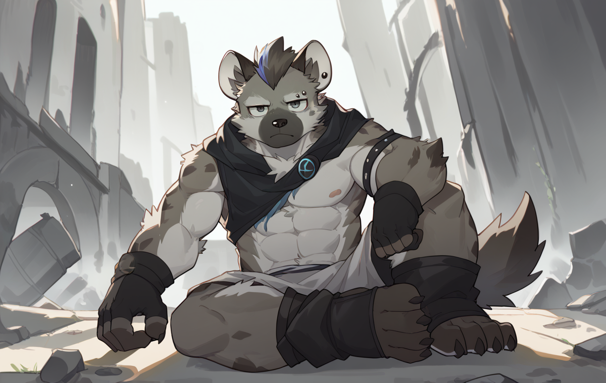 anthro,kemono,male,solo,spot_arknights,hyena,(grey fur:1.5),(grey body:1.5),eye piercing,fingerless gloves,toeless footwear,handsome,(solo focus:1.1),amazing background,wind,rim light,intense shadow,ruins,remains,looking at viewer,sitting,gloom,<lora:spotxl-000005:0.8>