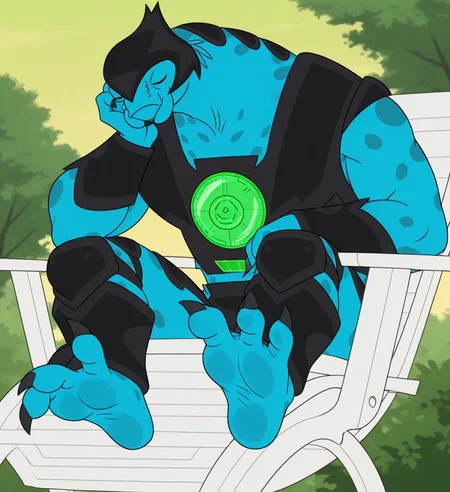 high resolution, best quality, 4k, flat colors, solo, bored, eyes closed, head tilt, hand on cheek, male, front view, foot focus, low-angle view, sitting in lawnchair, reclining, outdoors background, <lora:Zenblock_-_Supernoobs_-_IL:1> zenblocksn, alien, humanoid, blue skin, spotted skin, mandibles, thick arms, broad shoulders, thick neck, claws, black helmet, black armor, chest armor, black bracers, black codpiece, black knee pads, ankle armor, green emblem, (2 toes), barefoot, toe claws