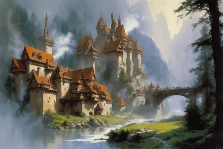 <lora:John Berkey Style:1> John Berkey Style page, mediaeval town, timber-frame houses, mountains, forest, castle, bridges, fog, smoke, (masterpiece:1.2), best quality
