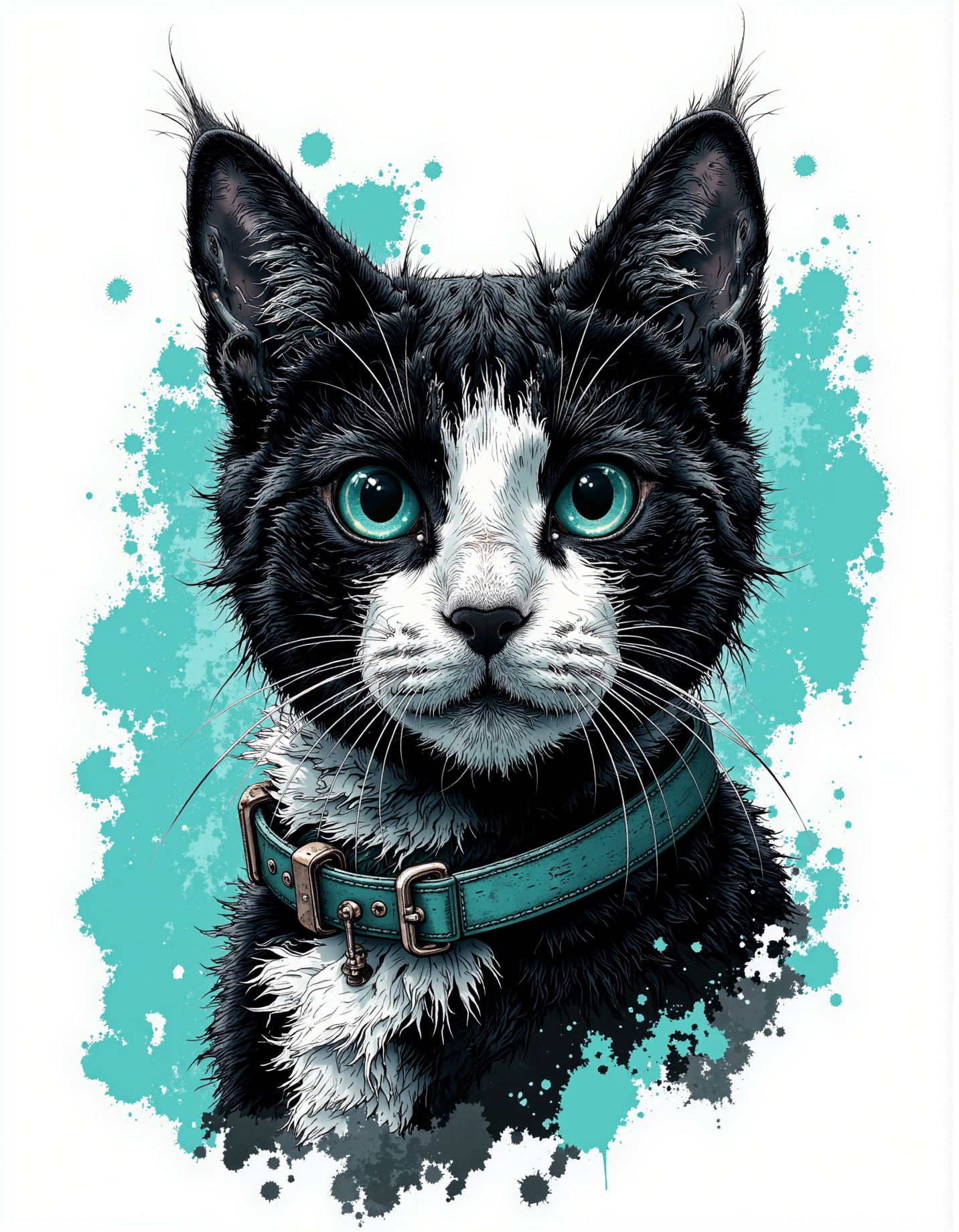 A graphic illustration, black and white, of a cat with bright turquoise collar.
 <lora:Dieselcore:0.8> d1eselc0re  <lora:Glitchcore_Flux:0.2> gl1tchc0re