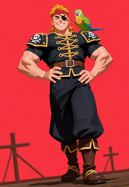 masterpiece, best quality, amazing quality, detailed background, intricate details, dynamic, cinematic, animated, anime realistic shading, solo, male focus, source_anime,high resolution, newest, depth of field, bara, yaoi, perfect face, 1boy, 3ddy, blond hair, black eyes, medium hair, red headband, pirate clothes, eye patch, green parrot, parrot on shoulder, muscular male, smirk, looking at viewer, hand on hip, red background, abstract background, dutch angle, full body