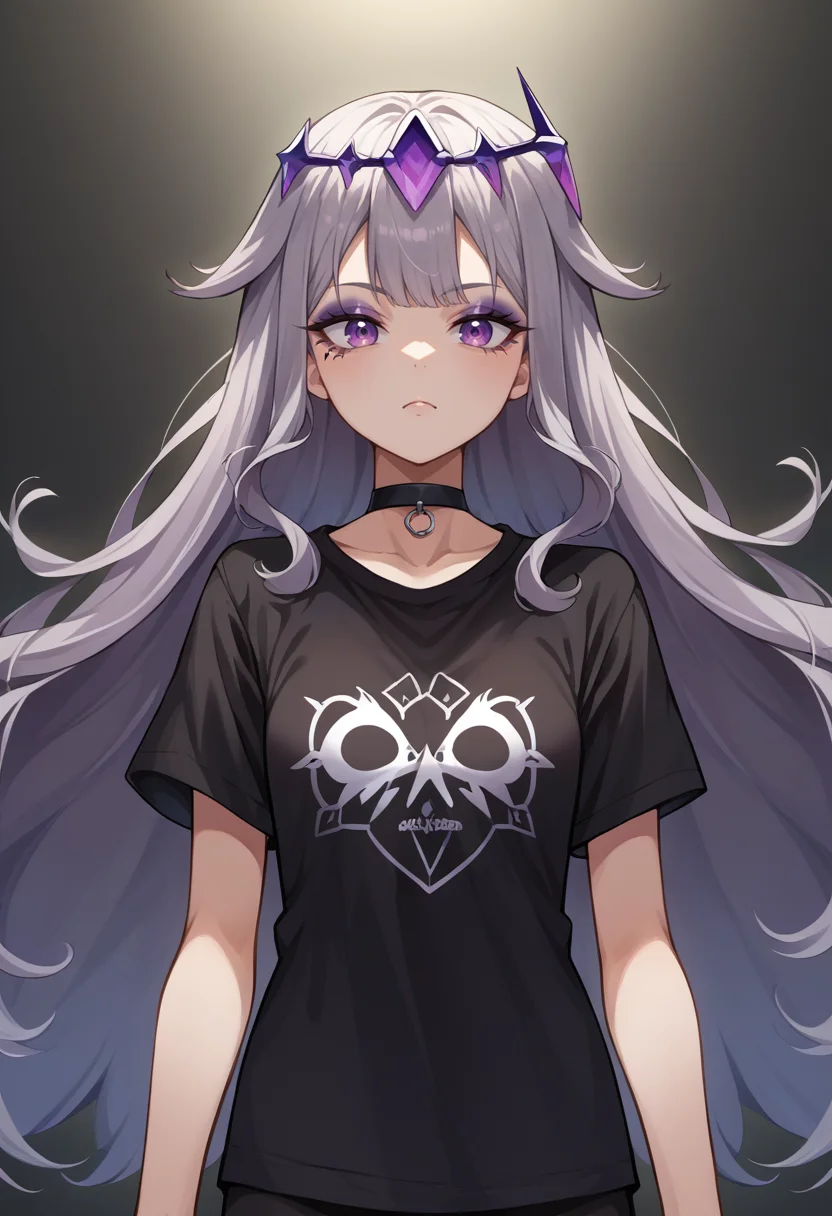 score_9, score_8_up, source_anime, 1girl, solo, KosekiBijou, long hair, hair flaps, floating headpiece, black shirt, t-shirt, black choker, goth, eyeliner, eyeshadow, <lora:ChamKosekiBijouPonyXL:1>