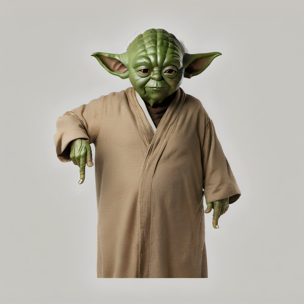 <lora:pointingdown:1.4>, (pointingdown:1.4), 1boy, man, (pointing down:1.2), legs hidden, no background, two hands pointing, smile, open eyes, (Yoda:1.1), (Male:1.1), Star Wars, Green Yoda, Pointy Ears, Brown Robe