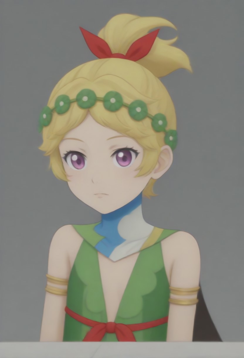 source_anime, anime screencap, source_anime, auratheguillotine, anime screencap, masterpiece, source_anime, shiny skin,,,,,, <lora:zs_DemeterXL:1> demetersmt, blonde hair, ponytail, head wreath, purple eyes, green dress, cleavage, cape, armlet, bracelet,
