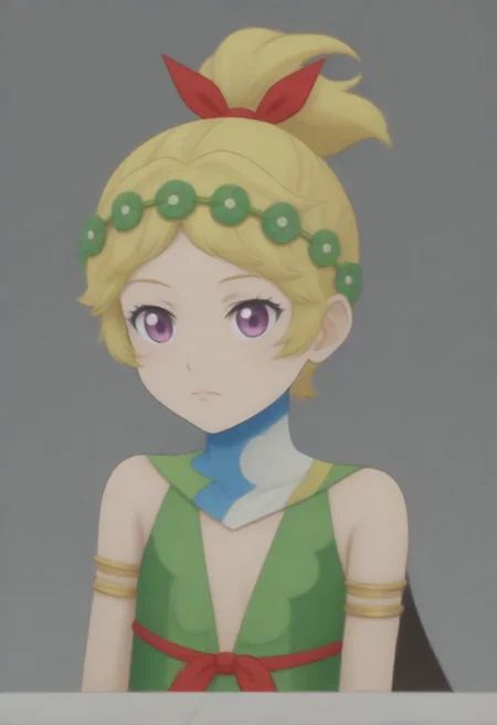 source_anime, anime screencap, source_anime, auratheguillotine, anime screencap, masterpiece, source_anime, shiny skin,,,,,, <lora:zs_DemeterXL:1> demetersmt, blonde hair, ponytail, head wreath, purple eyes, green dress, cleavage, cape, armlet, bracelet,