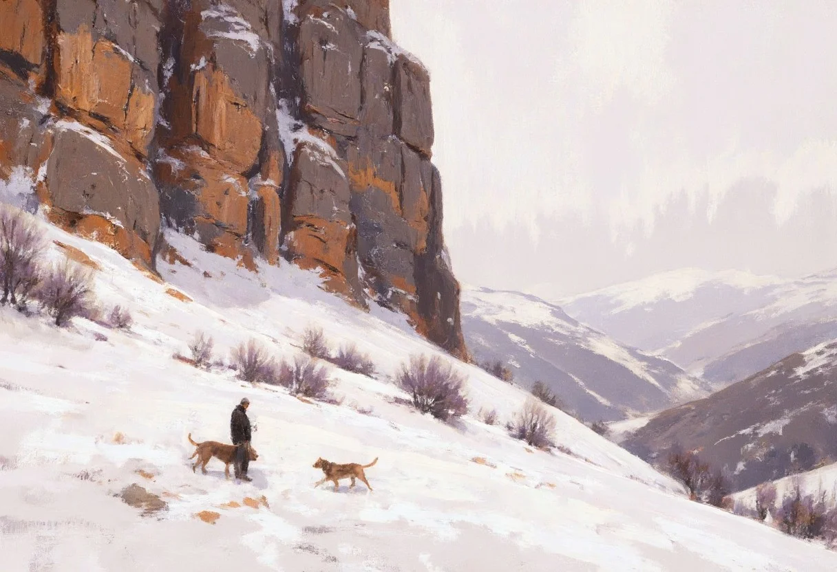 A snow-covered mountain dominates the view, its rocky face showing warm orange and brown hues contrasting with white snow. Patches of dark purple shrubs accent the base. The foreground is a snowy slope; a figure in dark clothing and a brown dog are on the right side, with visible paw prints on the snow. Distant mountains are soft and blurred. The overall palette is pale and desaturated, with white, warm earth tones, and purple contrast. A painterly style with simplified shapes and visible brushstrokes. Diffused, soft light creates gentle shadows. The composition is balanced, mountain on the left, figures on the right. A quiet, winter scene, evoking solitude and natural grandeur. Medium shot, slightly elevated view. The texture is soft and dreamlike. The feeling is peaceful and calm.