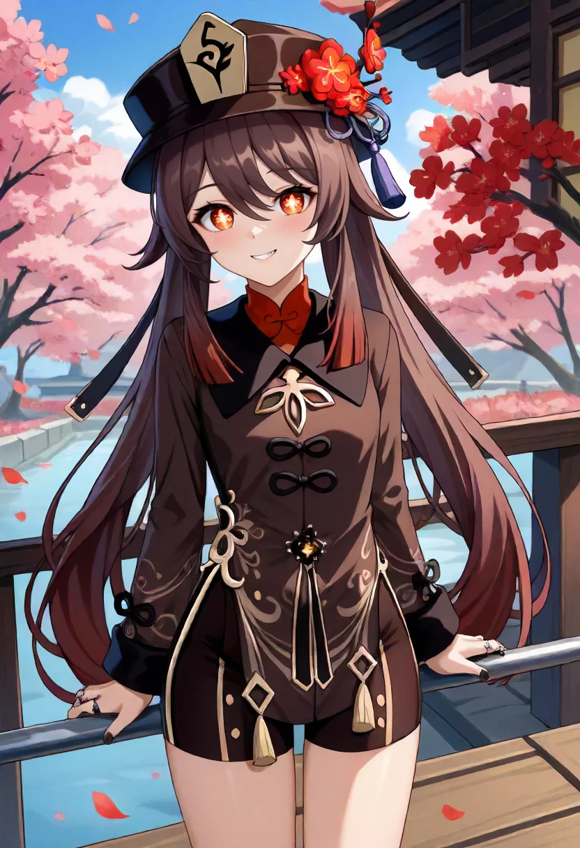 score_9, score_6_up, source_anime, 1girl, solo, standing, hu tao \(genshin impact\), symbol-shaped pupils, flower-shaped pupils, hat, red flower, red eyes, cherry blossoms, leaning, leaning on rail