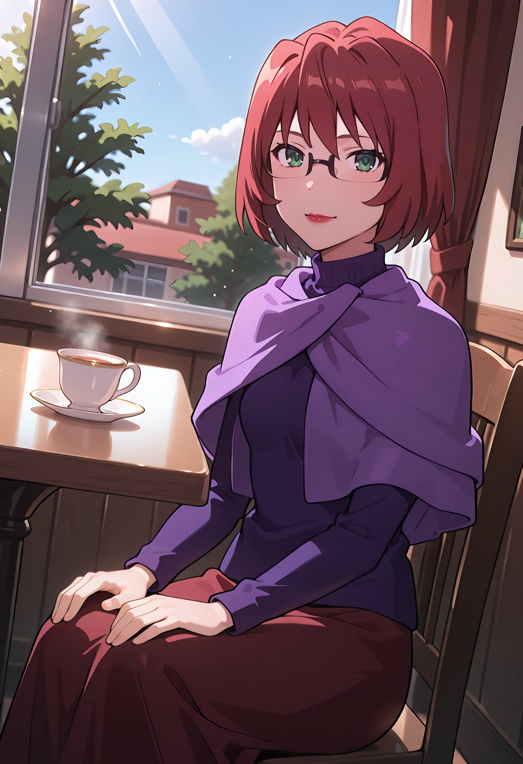 best quality, amazing quality, perfect quality, high quality, masterpiece, absolutely eye-catching BREAK
<lora:Toradora_-_Taiga's_Mother:1> ToradoraYuu, dark green eyes, red hair, short hair, wispy bangs, glasses, semi-rimless eyewear, red lipstick, small breasts, mature female BREAK
purple sweater, capelet, red skirt, long skirt, pantyhose, black high heels BREAK
indoors, cafe, table, window, curtain, sunbeam, light particles, tree, blue sky BREAK
1girl, solo, sitting, on chair, hands on own knees, teacup, looking at viewer, light smile, cowboy shot, dutch angle, from above