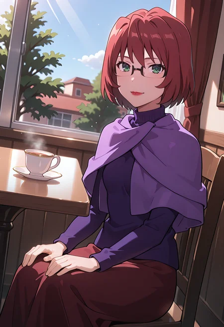 best quality, amazing quality, perfect quality, high quality, masterpiece, absolutely eye-catching BREAK
<lora:Toradora_-_Taiga's_Mother:1> ToradoraYuu, dark green eyes, red hair, short hair, wispy bangs, glasses, semi-rimless eyewear, red lipstick, small breasts, mature female BREAK
purple sweater, capelet, red skirt, long skirt, pantyhose, black high heels BREAK
indoors, cafe, table, window, curtain, sunbeam, light particles, tree, blue sky BREAK
1girl, solo, sitting, on chair, hands on own knees, teacup, looking at viewer, light smile, cowboy shot, dutch angle, from above