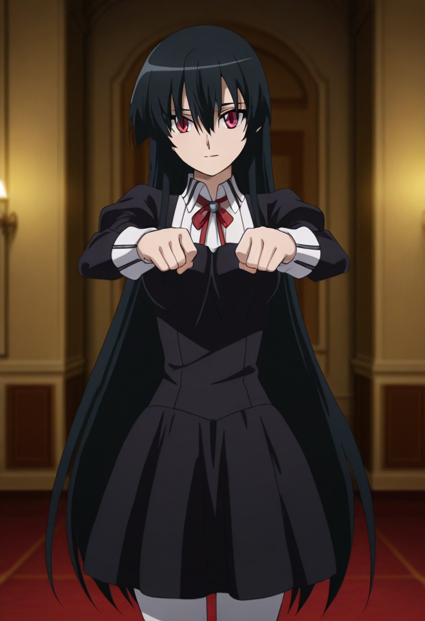 akame, long hair, black hair, red eyes, slit pupils, hair over one eye, blurred background, dramatic lighting, flat background, sexy pose, portrait, girl, black maid uniform, white stockings, black loafers, soft smile, in a mansion, full angle, full view, looking at the viewer, cowboy shot,