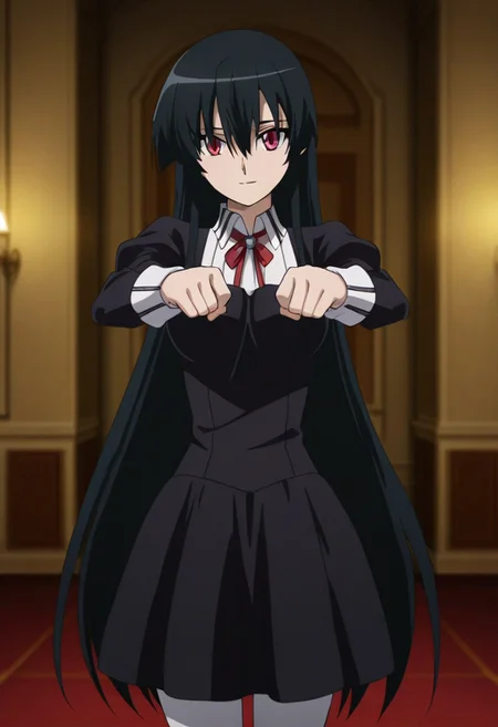 akame, long hair, black hair, red eyes, slit pupils, hair over one eye, blurred background, dramatic lighting, flat background, sexy pose, portrait, girl, black maid uniform, white stockings, black loafers, soft smile, in a mansion, full angle, full view, looking at the viewer, cowboy shot,