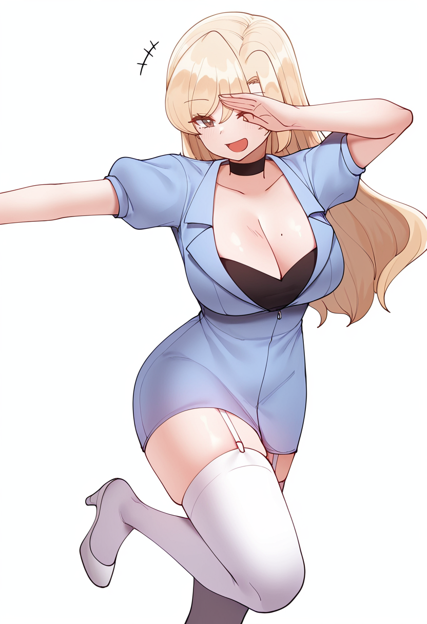 Smooth Quality,masterpiece,very intricate, high quality details, ultra realistic, high detailed skin,detailed enviorement,absurdres,
simple background, white background, dancing,front view,ohikaenasutte,skindentation, solo, 
 <lora:Yejin_Lim_CNR:0.8> yejin_cnr, 1girl, blonde hair, long hair, bangs, brown eyes, mole on breast, large breasts,yejin_suit_cnr,collarbone,short dress,blue jacket,black short sleeves,black choker, thighhighs, garter straps, high heels,, facepalm,, ^o^,