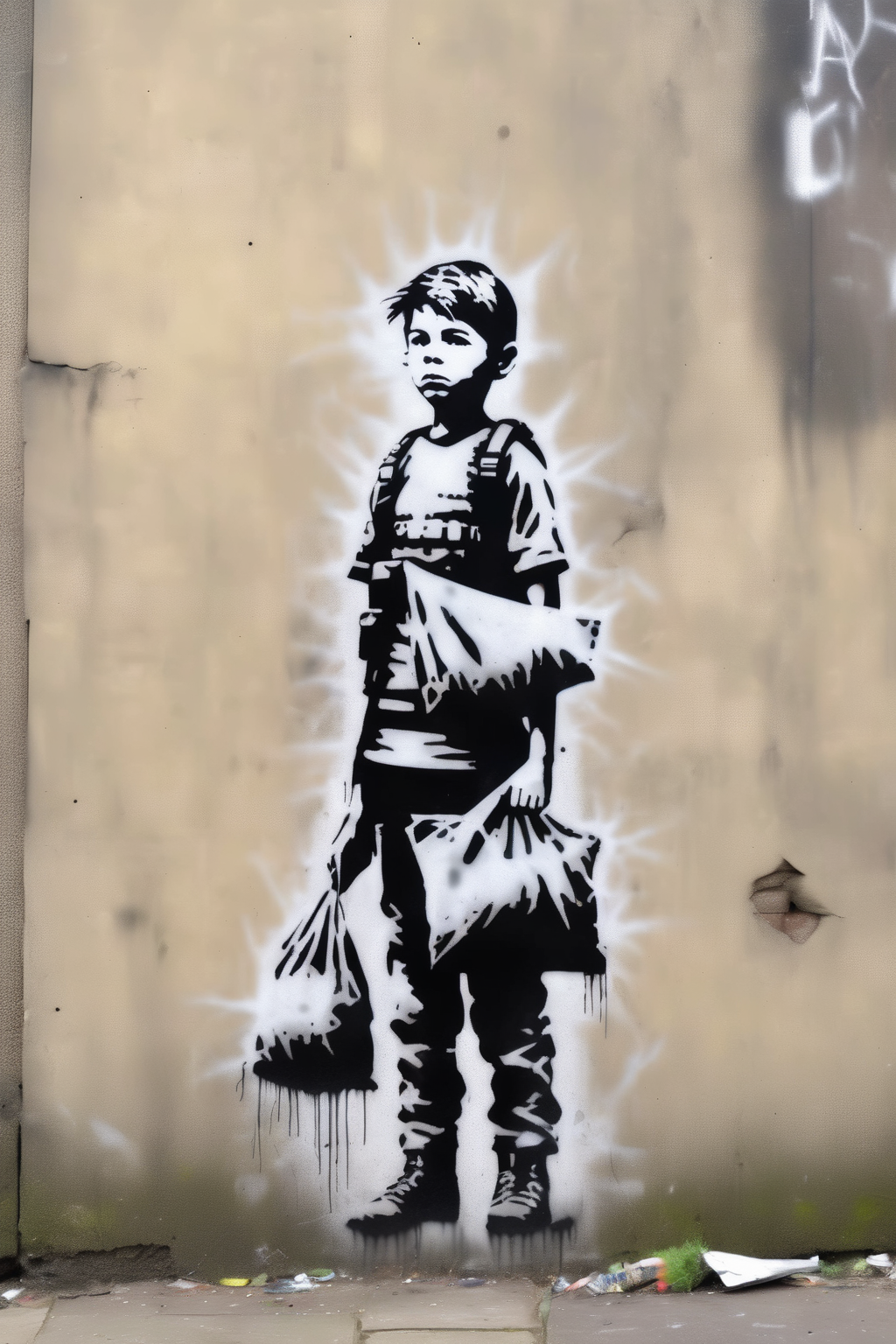 <lora:Banksy Style:1>Banksy Style - HD banksy stencil of boy holding up bag wearing a tactical vest