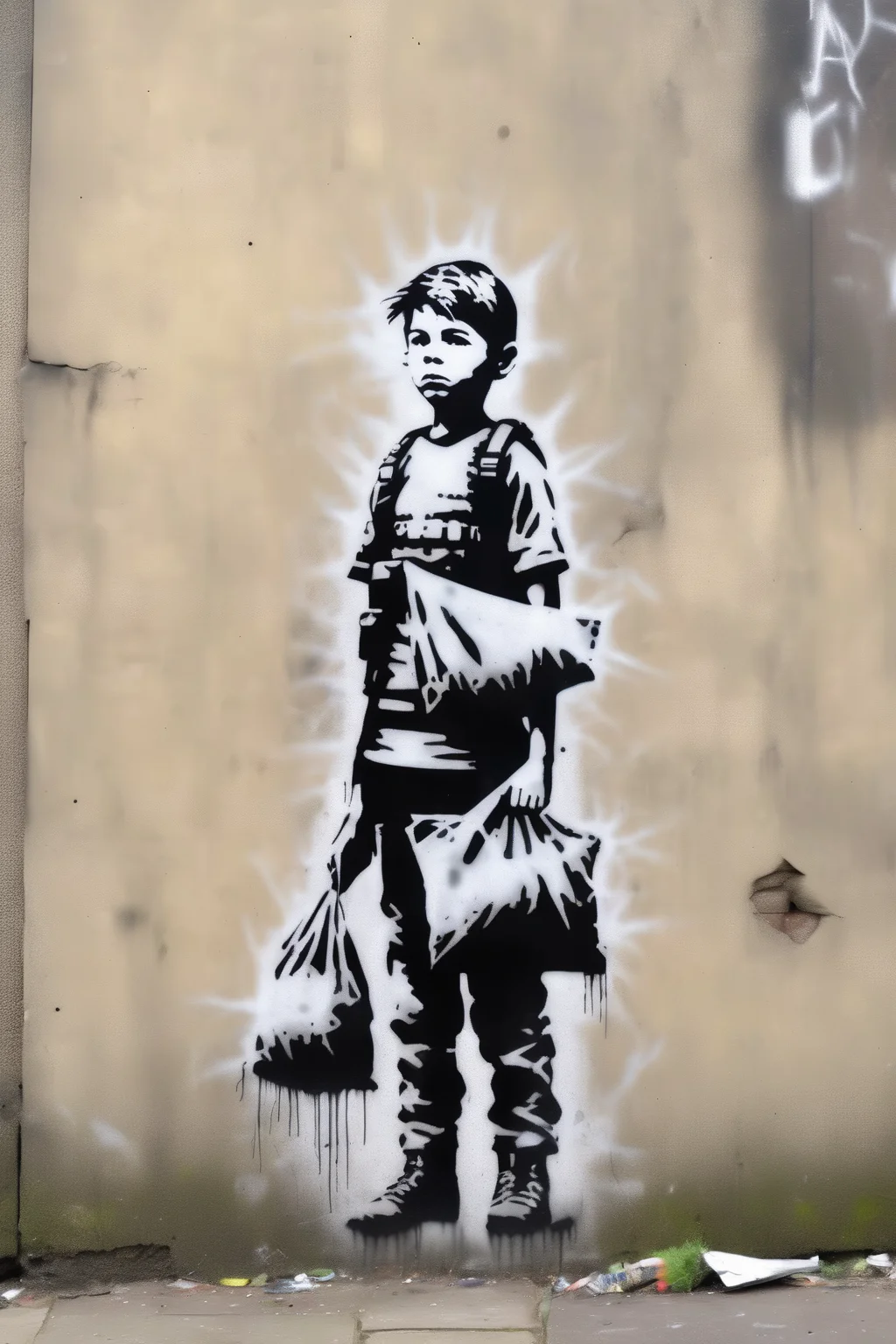 <lora:Banksy Style:1>Banksy Style - HD banksy stencil of boy holding up bag wearing a tactical vest