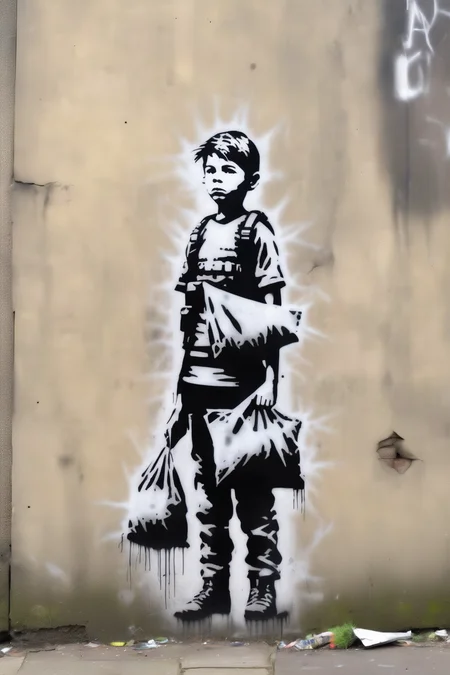 <lora:Banksy Style:1>Banksy Style - HD banksy stencil of boy holding up bag wearing a tactical vest