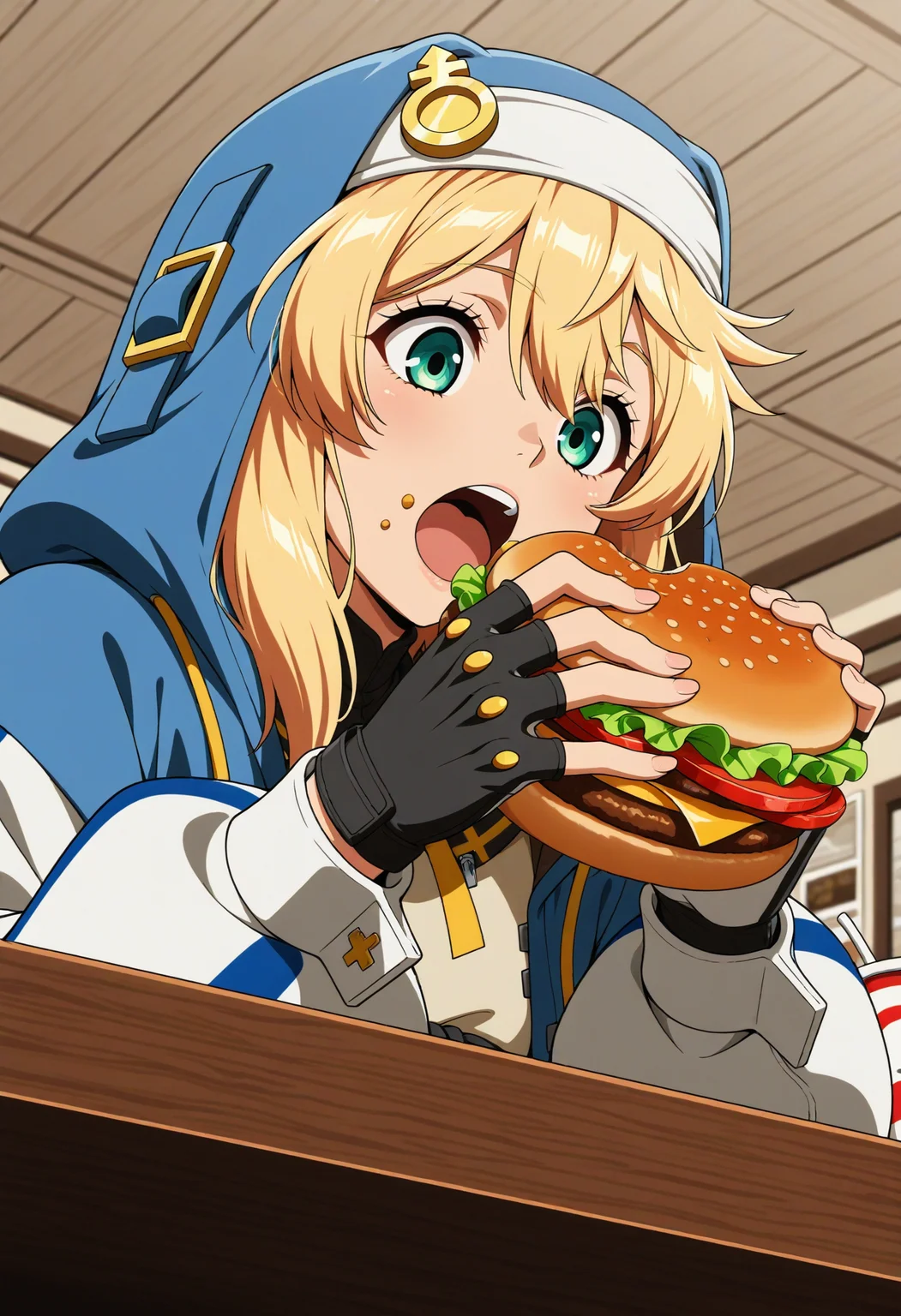 1boy, solo, bridget \(guilty gear\),
looking down, sitting, table, eating burger, open mouth, food on cheek, upper body,
burger shop, from below,
general, masterpiece, best quality, anime coloring,, <lora:dmd2_sdxl_4step:1>