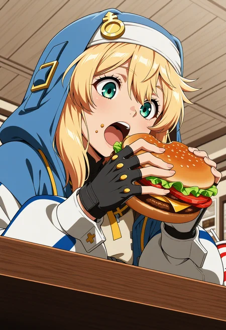 1boy, solo, bridget \(guilty gear\), 
looking down, sitting, table, eating burger, open mouth, food on cheek, upper body, 
burger shop, from below, 
general, masterpiece, best quality, anime coloring,, <lora:dmd2_sdxl_4step:1>