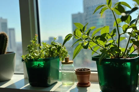 sony_a7III professional style photo, Indoor close-up of a windowsill with various plants, vibrant green leaves illuminated by soft sunlight, potted in a mix of green plastic containers, clear glass jars, and a brown terracotta pot, a cactus visible on the left in a small pot, glass window slightly foggy and streaked, cityscape in the background featuring blurred buildings under a clear blue sky, bright natural daylight creating high contrast between shadows and light, serene and urban aesthetic