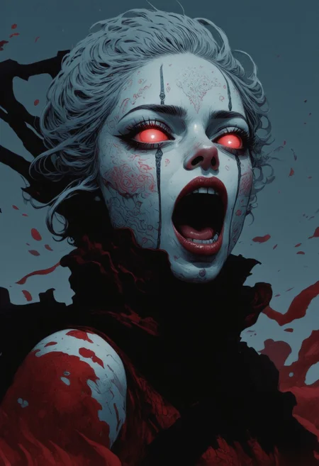 A cinematic extreme close-up of assassinmihq reimagined as a terrifying japanese witch. Her mouth is wide open in a menacing scream, revealing sharp, jagged teeth, as poison Cloud breath escapes into the eerie air. Her translucent skin glows faintly, as if made of magic, with intricate patterns glistening across her face. Her wide, glowing eyes exude both beauty and terror, contrasting with the eerie perfection of her Ethereal form. Backlighting creates a dramatic, atmospheric glow, illuminating the snowflakes swirling in the air and emphasizing the sharp edges of her charming visage. The scene is chilling, intense, and hauntingly beautiful.