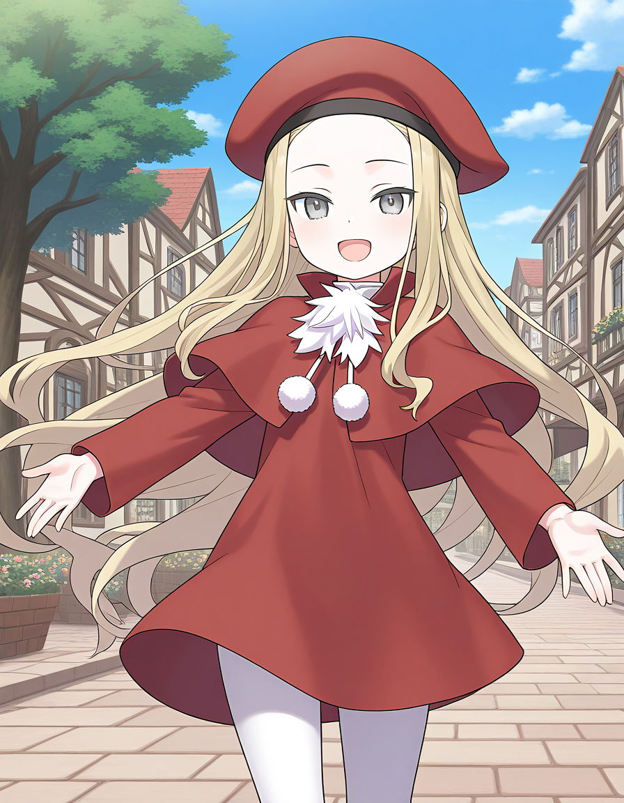 general,highres, game cg, ultra-detailed,very aesthetic,best quality ,best hands,  BREAK <lora:Belfraw_Martini_IS:1>
Belfraw_Martini, 1girl, solo, very long hair, blonde hair, gray eyes, happy,
red beret, bangs, short stack, 1girl, solo, open mouth, pom pom (clothes), 
capelet, sky, :d, looking at viewer, long sleeves, white pantyhose, red dress, outdoor, town, tree, smile, looking at viewer, cowboy Shot,