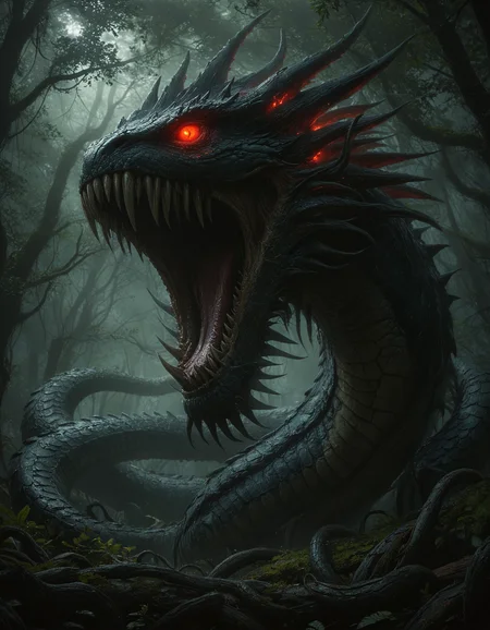 realistic, cinematic, terrifying colossal serpent with draconic features, including a fierce snarling head with sharp teeth and glowing red eyes, the serpent should have a scales that reflect a dark ominous sheen, its long winding body should be partially coiled with sections disappearing into the dense shadowy forest, The forest should be thick with twisted ancient trees and creeping vines, dark and foreboding atmosphere, light filters through the canopy, eerie ambiance, The background should be filled with mist and shadows, danger and mystery, <lora:MJ52:0.5>, <lora:zavy-cntrst-sdxl:0.7>, <lora:add-detail-xl:1>