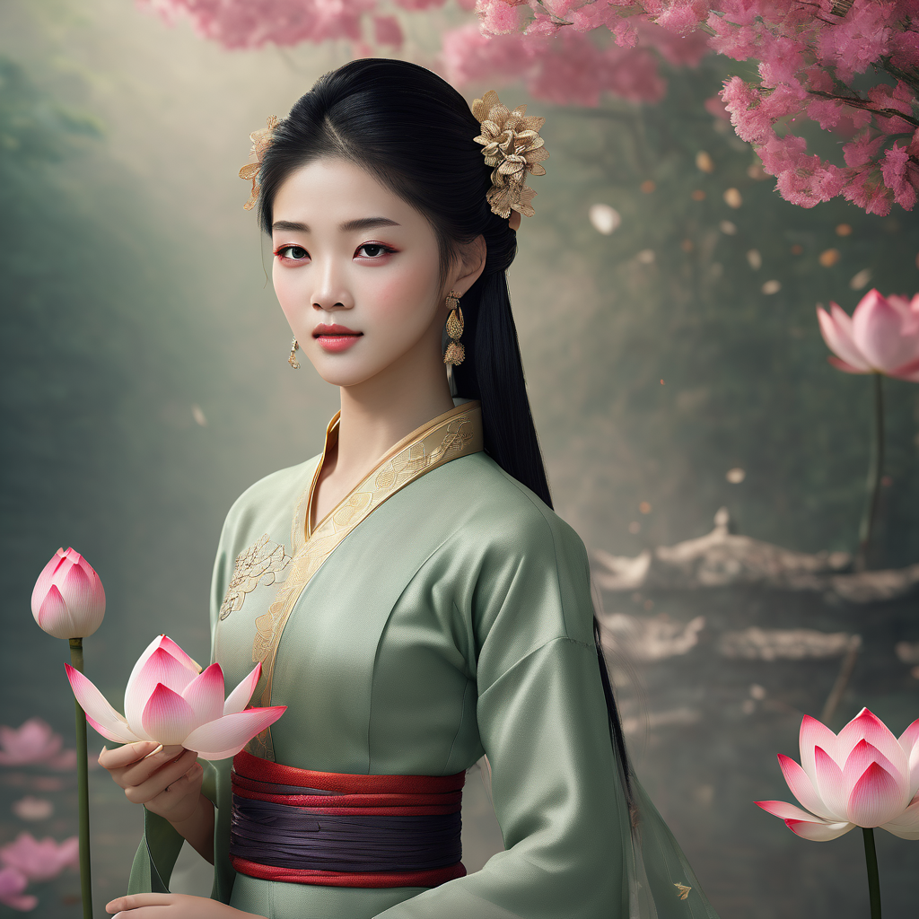 Render a breathtaking 4K masterpiece of a serene Vietnamese girl, dressed in a flowing silk áo dài, gently holding a lotus flower, with delicate petals and leaves, amidst a whimsical whirlwind, showcasing intricate details, vivid colors, and realistic lighting effects, capturing the essence of elegance and romance.