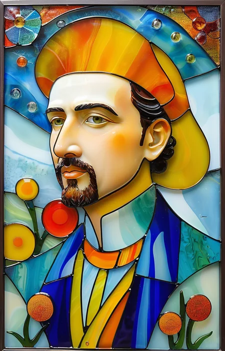 masterpiece,best quality,<lora:tbh372-sdxl:0.6>,illustration,style of Fused glass portrait of noble man