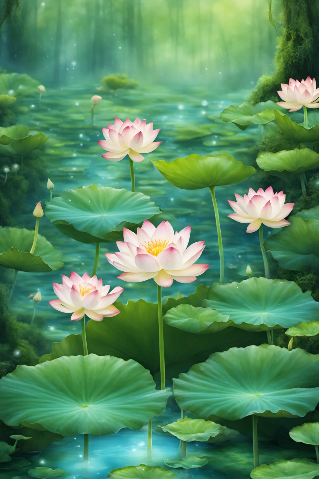 <lora:hehua:0.9>,hv, no humans, lily pad, water, scenery, flower, nature, outdoors, forest, lotus, plant, fantasy, moss, leaf, pond, mushroom,plant,