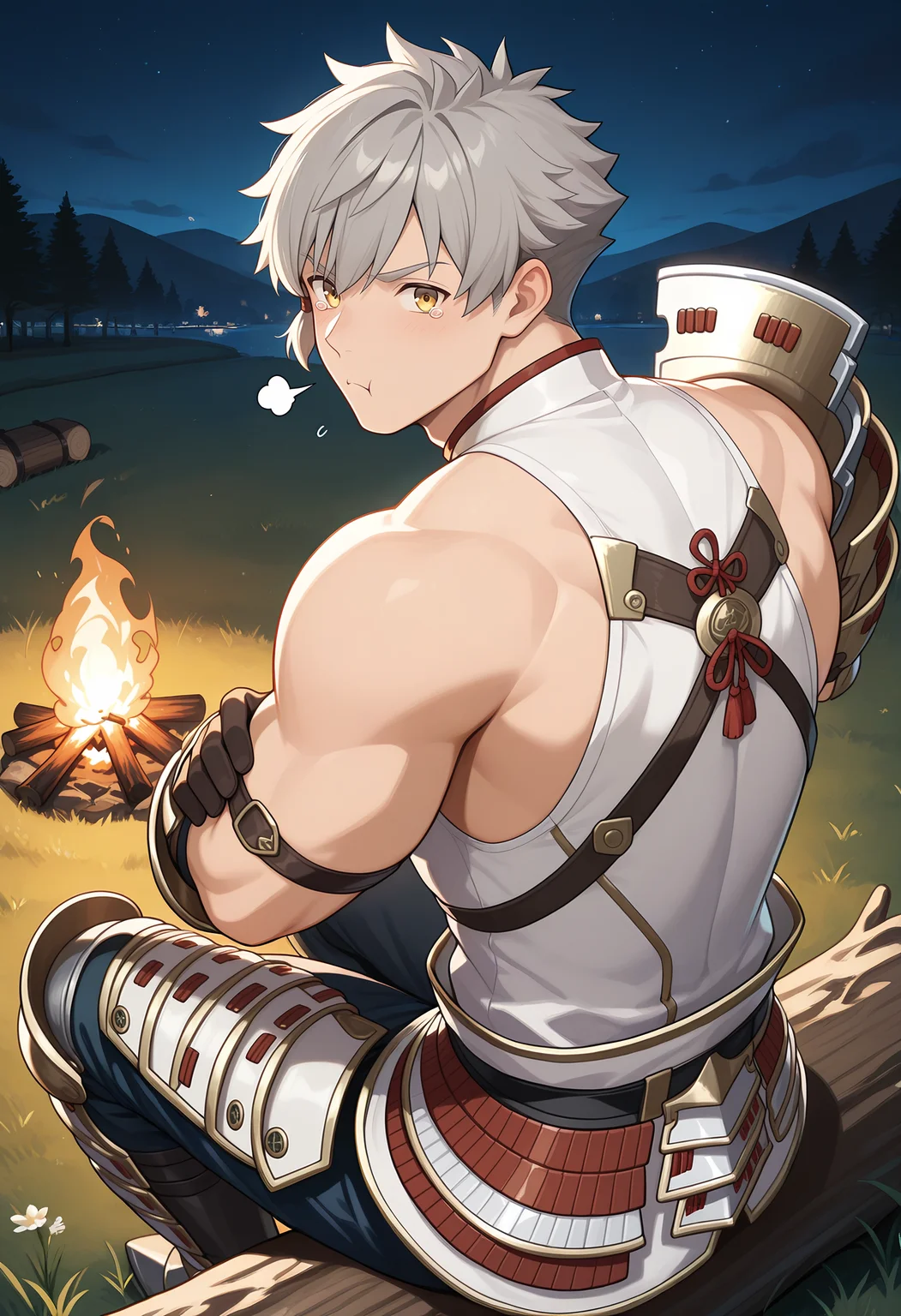 masterpiece, best quality, newest, absurdres, 1boy, solo, sitting on log, crossed arms, <lora:breasts view from behind_illustrious_V1.0:0.8>, from behind, breasts, breasts view from behind, looking at viewer, BREAK
<lora:Addam_Illustrious:1>, add4m_xc2, grey hair, yellow eyes, BREAK
muscular male, bodybuilder, large pectorals, (huge pectorals), hyper muscle, broad shoulders, hyper pectorals, small waist, BREAK
bare shoulders, armor, japanese armor, shoulder armor, pauldrons, gloves, pants, armored boots, BREAK
pout, tearing up, manly, handsome, macho, hunk, masculine, anime, BREAK
outdoors, night, campfire, warm lighting