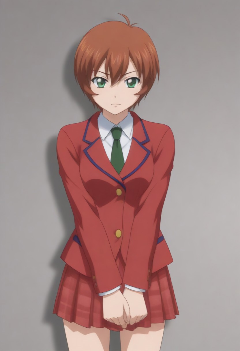 source_anime, anime screencap, source_anime, auratheguillotine, anime screencap, masterpiece, source_anime, shiny skin, 1girl, chinkyuu koudai, short hair, brown hair, green eyes, <lora:chinkyuu_pony-000007:0.8> red blazer, white shirt, green necktie, plaid skirt, pleated skirt,