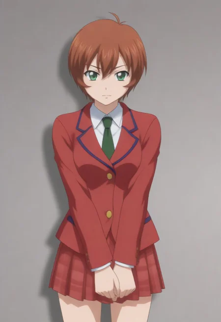 source_anime, anime screencap, source_anime, auratheguillotine, anime screencap, masterpiece, source_anime, shiny skin, 1girl, chinkyuu koudai, short hair, brown hair, green eyes, <lora:chinkyuu_pony-000007:0.8> red blazer, white shirt, green necktie, plaid skirt, pleated skirt,
