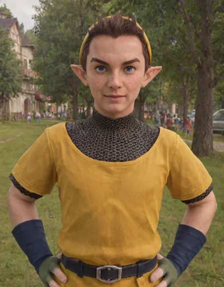 score_9, score_8_up, score_7_up, outdoors, tree, grass, village
BREAK <lora:Pipit_-_Zelda_Skyward_Sword_-_Pony:0.8> ss_pipit, mature, male, pointy ears, brown hair, short hair, blue eyes, freckles, yellow hat, yellow tunic, chainmail undershirt, blue fingerless gloves, looking at viewer, hands on hips, hero pose, portrait