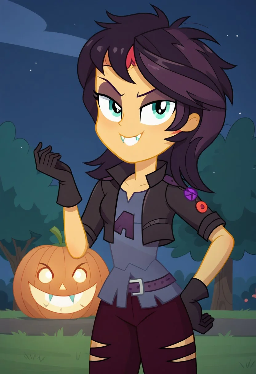 four fingers, score_9, score_8_up, correct anatomy, dynamic pose, ripped pants, one hand on hip, BREAK Sunset Shimmer, dark hair, cropped jacket, ripped pants, dark gloves, eyeshadow, short-sleeved jacket, night, dark red pants, looking at viewer, 1girl, posing, evil face, solo, grass, park, breasts, angry smile, teeth, petite body, bedroom eyes, seductive face, smiling, vampire fangs, vampire_shimmer_outfit, (flat shading, soft shading), ((equestria girls, show accurate:1.2))