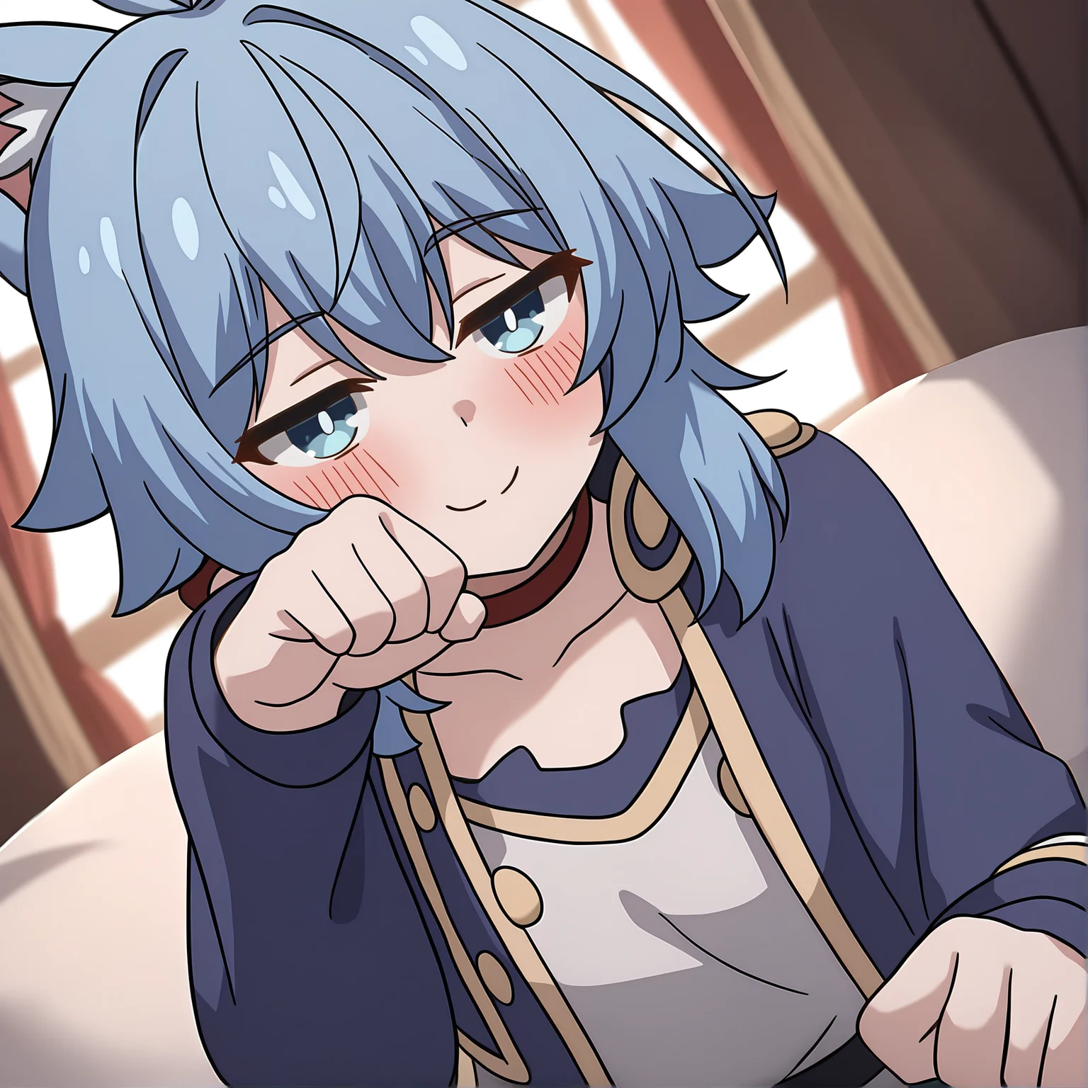 newest,absurdres,masterpiece,highres,<lora:noobai_ep11_stabilizer_v0.138_fp16:0.8>,riel,blue hair,blue eyes,<lora:riel:1>,seductive_smile,cat ears,paw pose,cuite,