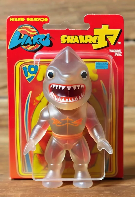 <lora:1987 Action Figure Playset Packaging:1>1987 Action Figure Playset Packaging - A product photo of a 1970s japanese toy clear Shark warrior figure in front of packaging