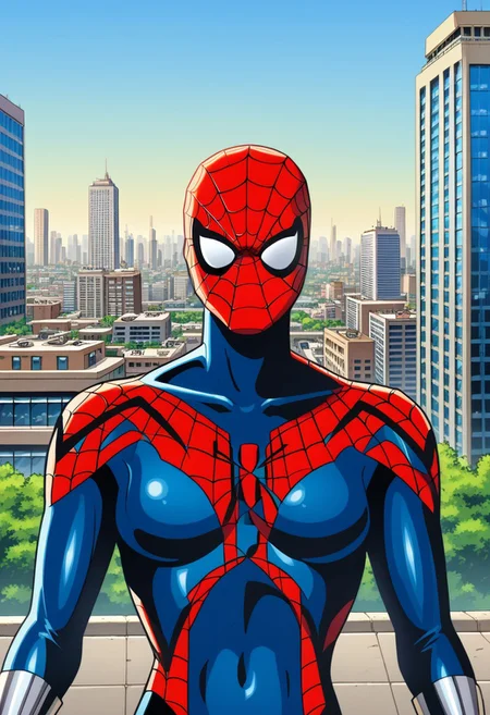 score_8, score_8_up, score_7_up, Marvel Cel-Shade Style, 1girl, female focus, solo, SGMC2, mask, bodysuit, print body suit, spider web print, bracers, gloves, superhero, looking at viewer, upper body, outdoors, city, building, midair, full body, new york city,