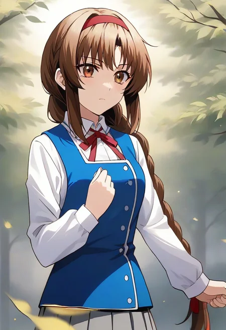 best quality, 4k, rating_safe, very aesthetic, source_anime,1girl, <lora:Takao:0.9>,takao,brown hair,brown eyes,long hair,single braid,red hairband,neck ribbon,white shirt,long sleeves,blue vest,gray skirt,school uniform,