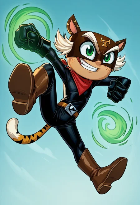score_9, score_8_up, score_7_up, CuteCartoonStyle, 1boy, solo, male focus, El_Tigre, Mask, Green Eyes, white sideburns, Freckles, Cat Ears, Black Bodysuit, belt buckle, brown boots, Red Bandana around neck, black Gloves, tail, green aura, jumping kick, kicking, from below, jumping, foot focus