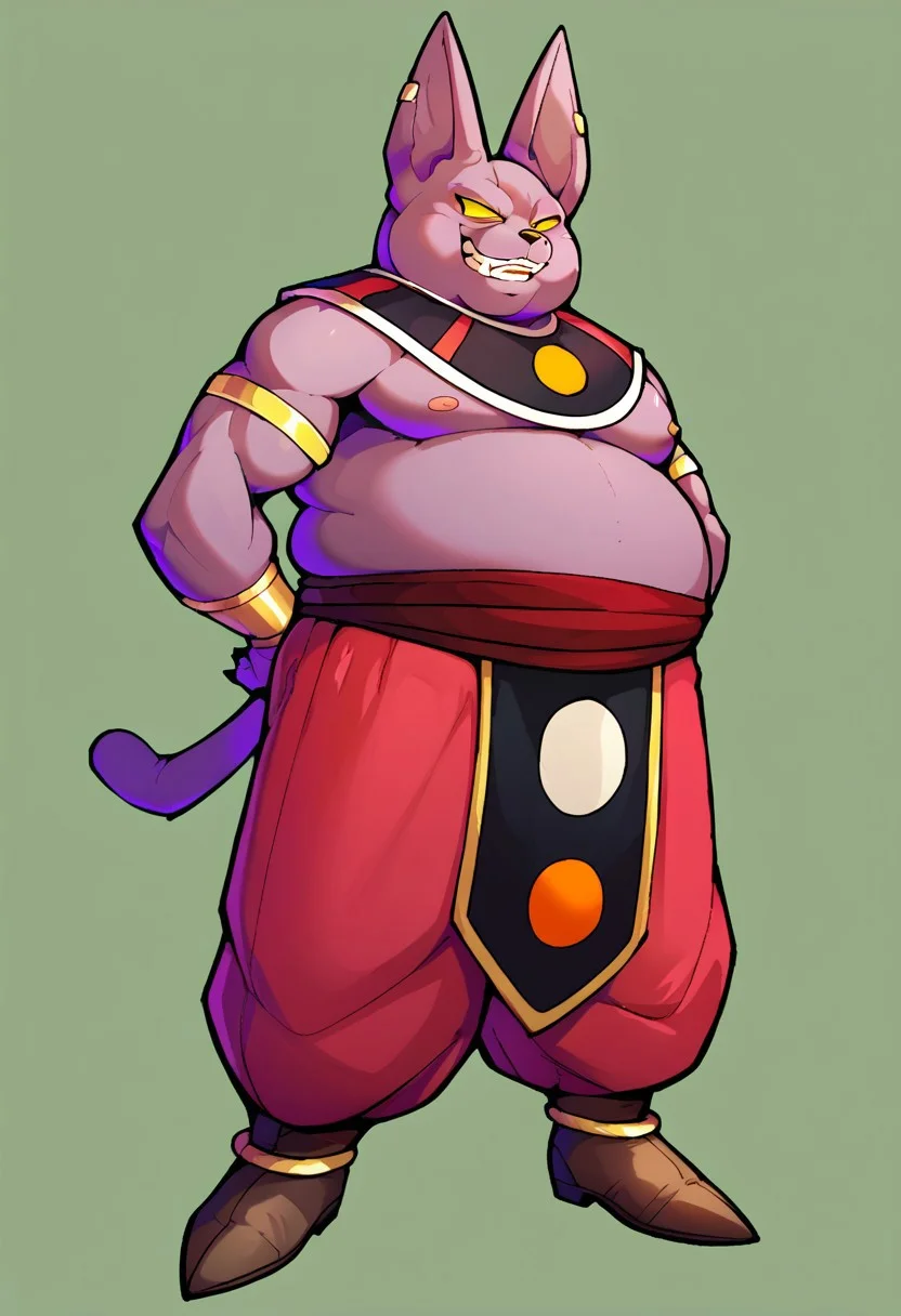 score_9, score_8_up, score_7_up, source_furry, anthro male, cat, dbschampa, smile, yellow sclera, teeth, armlet, full body, fat, cat, standing, plump, pectorals