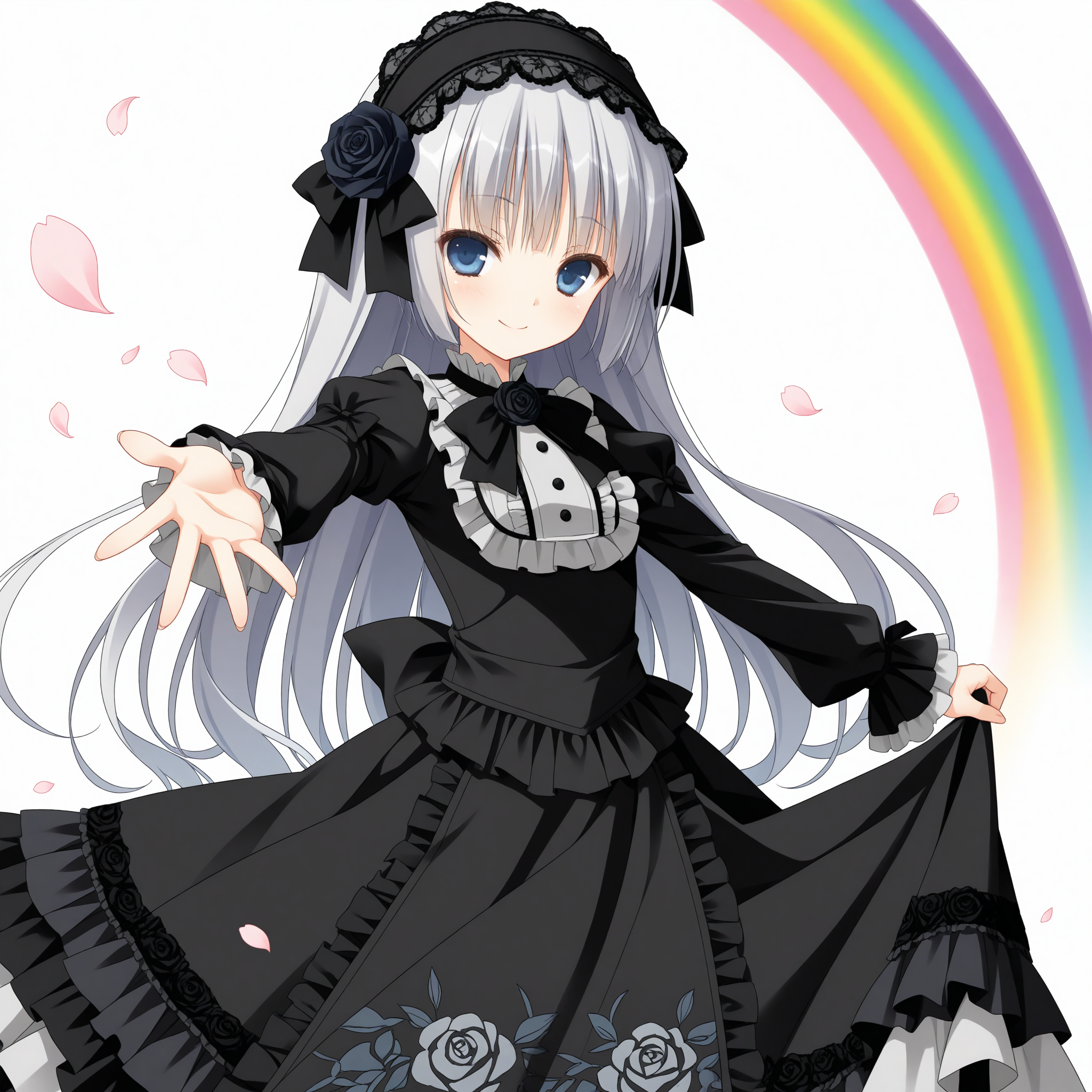 <lora:Sui_1_nai-000025:1>,Sui,
black hairband,hair flower,hair ribbon,black ribbon,black rose,official outfit,black dress,center frills,white frills,frilled dress,black frills,floral print,layered dress,black bowtie,black bow,puffy long sleeves,frilled sleeves,
BREAK
1girl,solo,smile,simple background,white background,cherry blossoms,falling petals,petals,arm up,looking at viewer,skirt lift,paint_splatter,rainbow,outstretched arm,open_hand,