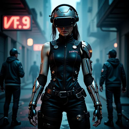 neo-erotic, street samurai android young french woman, vr fight club and arena, wearing nano-weave utility jumpsuit, Biomechanical cyborg mechanical_arms with organic elements fused with metal, pulsing veins, biomechanical textures with auguments on in her head. style of jessica galbreth, <lora:artist/style_of_Jessica_Galbreth_FLUX_220.safetensors:0.8>, , <lora:flux_trainer/augments_v2_rank65_bf16:0.8> <lora:Magic of Art 2 (FLUX)>, Cinematic style, Beauty, Realism, Photorealism, Chiaroscuro, High quality, <lora:flux/flux_realism_lora>, detailed photorealism style, <lora:flux/aeshteticv2>, aesthetic_pose, dynamic_pose,