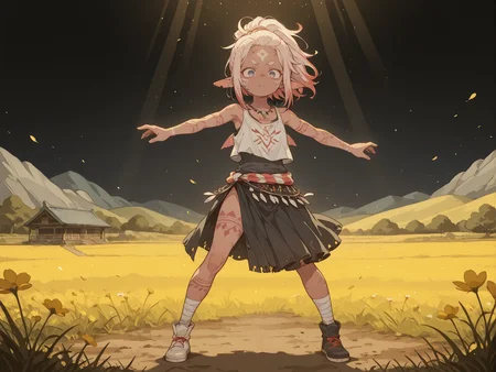 masterpiece,best quality,amazing quality, (mature, adult, solo:1.2),
light particles, Volumetric Lighting, light depth, , iridescent colors, dark theme,
1girl, light red hair, dark blue eyes, looking at viewer, thick eyebrows, tribal marks, full body tattoo, tattoo, face tattoo, chest tattoo, leg tattoo, arm tattoo, feet, scales, fish ears, fins, gills, light magenta scales, necklace, light brown skin, dark skinned female, dark skin, scars, injured, blood,
mismatched footwear, multicolored clothes, colored clothing edges,
damask low slit tank top, gothic Draped skirt,
standing, dancing,, dynamic pose,
field, meadow, flowers, cherry blossom, korean architecture,
<lora:DetailedPerfect_hands_r1:1> <lora:feet_anime_il_v3:1> <lora:Add_Details_v1.2:1> <lora:anime_screencap:0.4> <lora:S4bit4mago:0.8> S4bit4mago_illu, <lora:LineArt Mono Style LoRA_Pony XL v6:0.5> <lora:Amberline1.0:0.5> cel-shading, illustration <lora:Beatrix_Potter_Style_illustrious:0.7> Bpstyle <lora:flat_color_anime_xl:0.3> fca style <lora:Granblue Fantasy XLV2:0.4> <lora:Orenji-IL:0.4> orenji <lora:mesugaki_Illust_v1:0.3> mesugaki <lora:1r1d3sc3nc3XLP:0.3> 1r1d3sc3nc3 <lora:LeIsT0_style:0.2> LeIsT0_illu <lora:NijijourneyNoob_byKonan:0.2>